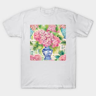 Hydrangeas in chinoiserie jars and white lattice T-Shirt